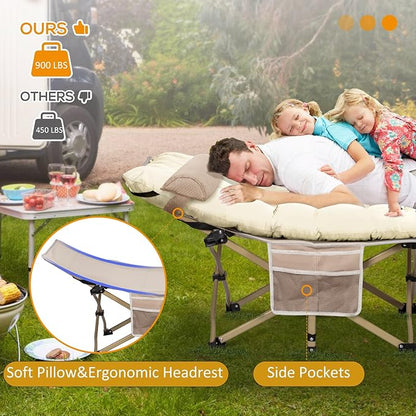 2 Pack Wide Folding Camping Cots with Pillow & Extra Thick 3 Inch Matress, Cots for Sleeping 900 LBS, Camping Bed for Adults with Cushion, Sleeping Cot (Cream)