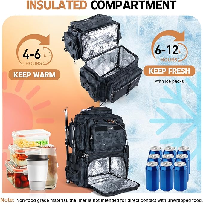 Goture Fishing Backpack, 78L 600D Water-Resistant Insulated Tackle Backpack with Cooler, Rod Holders, 8 Lure Pockets, Rain Cover, Gear Storage Large Fishing Bag for Camping Hiking(Without Tackle Box)