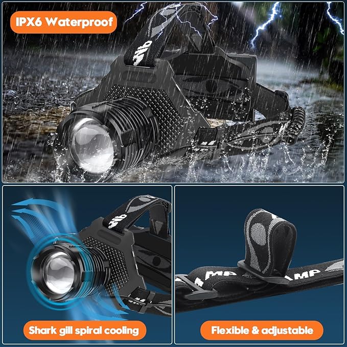 Bud K LED Headlamp Rechargeable, Upgraded 30W Super Bright Head Lamp 1000 High Lumen with 6 Modes, Zoomable, IPX6 Waterproof Headlamps for Outdoor Hiking, Camping, Running, Fishing, Hunting