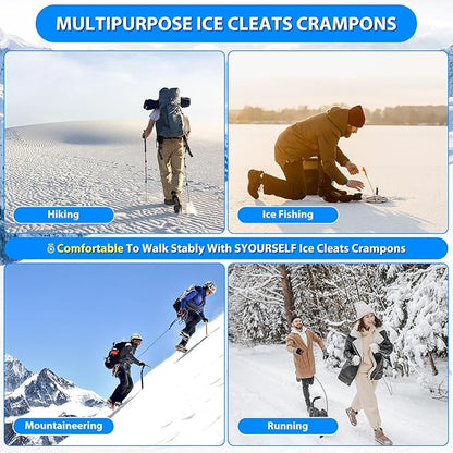 SYOURSELF Ice Cleats, Crampons Ice Cleats for Shoes and Boots Women Men Kids, Non Slip Grippers Spikes for Shoes with Straps, Ice Traction Cleats for Snow and Ice, Hiking, Walking, Fishing, Climbing