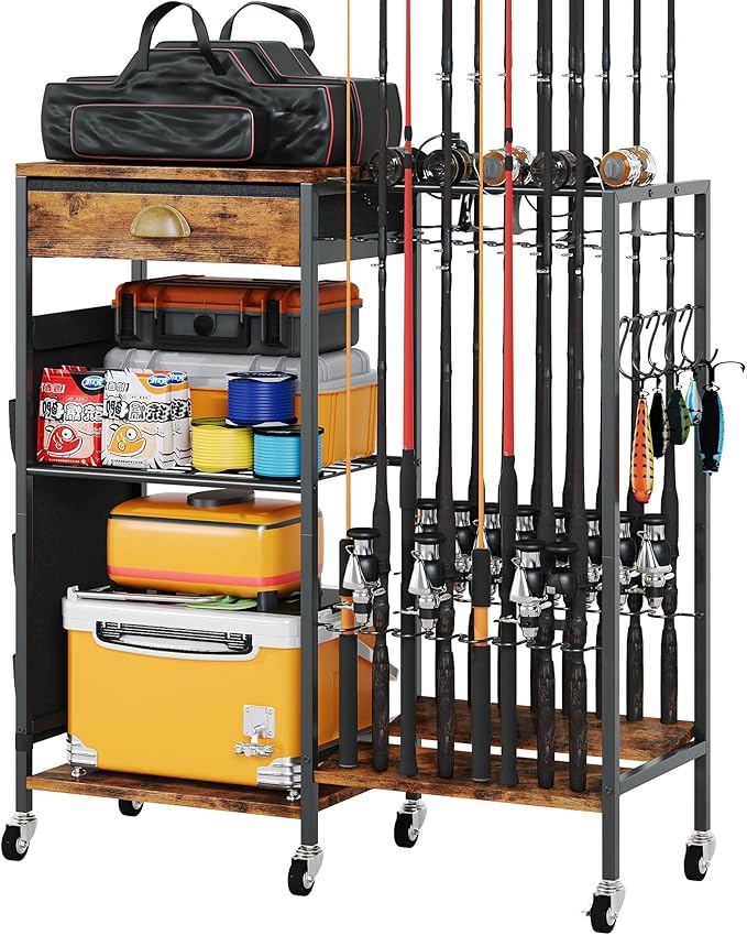 Homeiju Fishing Rod Holder, Fishing Pole Holders for Garage Boat Fishing Gear Storage with Drawer and Wheels, Holds 16 fishing rods for Home Entryway Corner,Rustic Brown