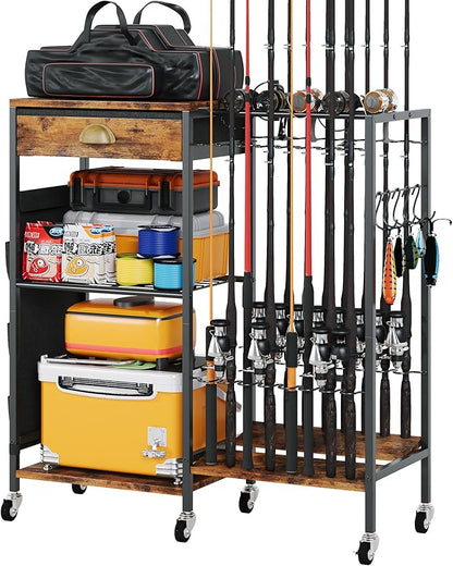 Homeiju Fishing Rod Holder, Fishing Pole Holders for Garage Boat Fishing Gear Storage with Drawer and Wheels, Holds 16 fishing rods for Home Entryway Corner,Rustic Brown
