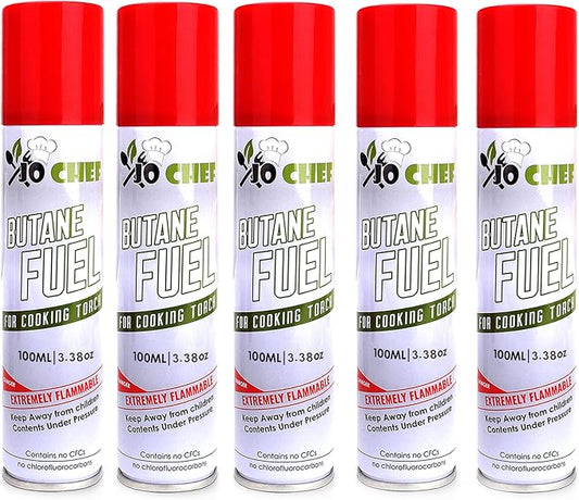 Jo Chef Butane Fuel Refill, Fuel Canister, Universal Refill Gas Lighter, Kitchen Torch, Fuel Butane Torch fluid – Universal Tip – (5 Cans)