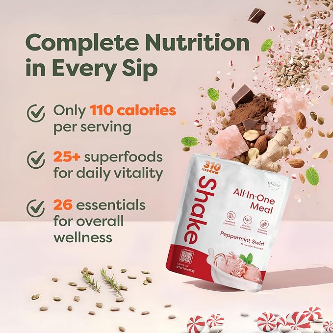 310 Nutrition All-In-One Meal Replacement Shake Powder - Plant-Based Protein Protein Powder with High-Fiber, Probiotics, Digestive Enzymes & Adaptogens - Low Carb Vegan Keto Friendly Superfoods Smoothie - Peppermint Swirl - 28 Servings
