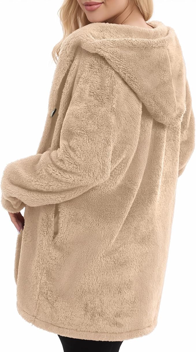 MANGOPOP Womens Fleece Jacket 2025 Winter Oversized Fuzzy Hooded Coat Button Cardigan Sherpa Sweaters Outerwear with Pockets