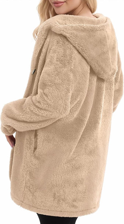 MANGOPOP Womens Fleece Jacket 2025 Winter Oversized Fuzzy Hooded Coat Button Cardigan Sherpa Sweaters Outerwear with Pockets