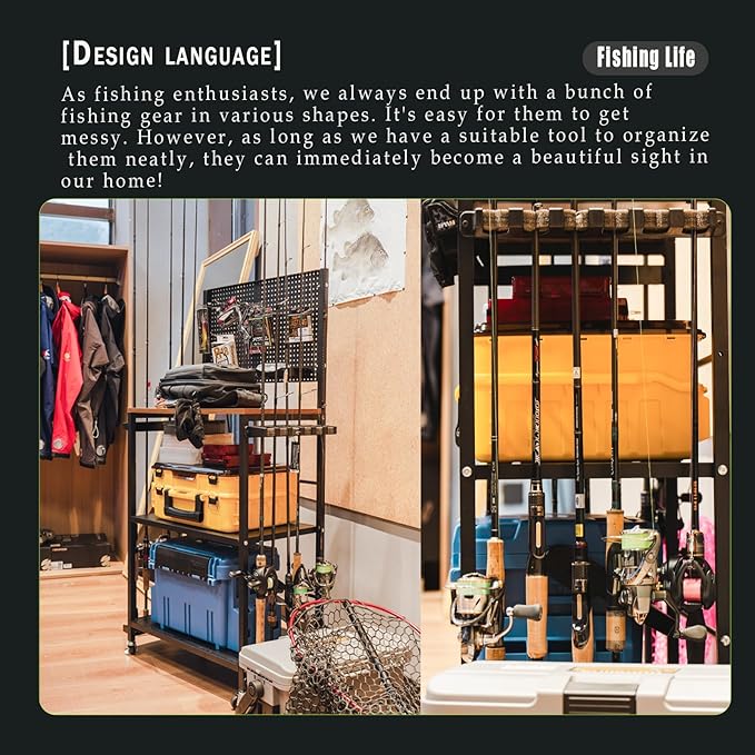Fishing Rod Holders for Garage 3-Tier, Integrated structure extremely stable, Gear Storage for Up to 12 Rods with Hooks & Wheels, for Rod, Box, Reel Storage (6 hooks 6 reel rack 1 trays 4 wheels)