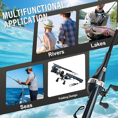 Foldable Fishing Rod, 2025 New Easy Fish Collapsible Folding Pole, Pocket Telescopic Fishing Rod with Reel Combo, Rod and Wheel Integrated