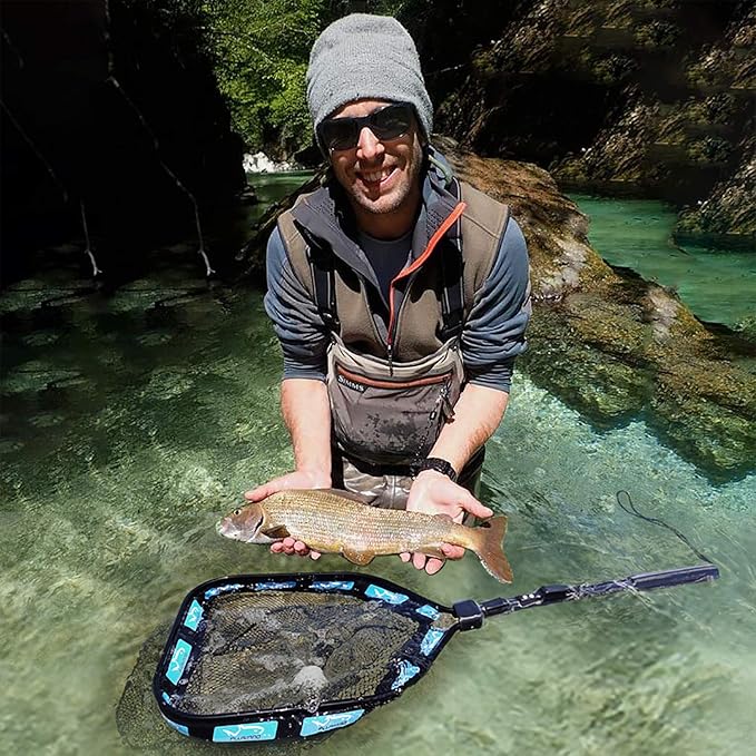 PLUSINNO Floating Fishing Net for Steelhead, Salmon, Fly, Kayak, Catfish, Bass, Trout Fishing, Rubber Coated Landing Net for Easy Catch & Release, Compact & Foldable for Easy Transportation & Storage