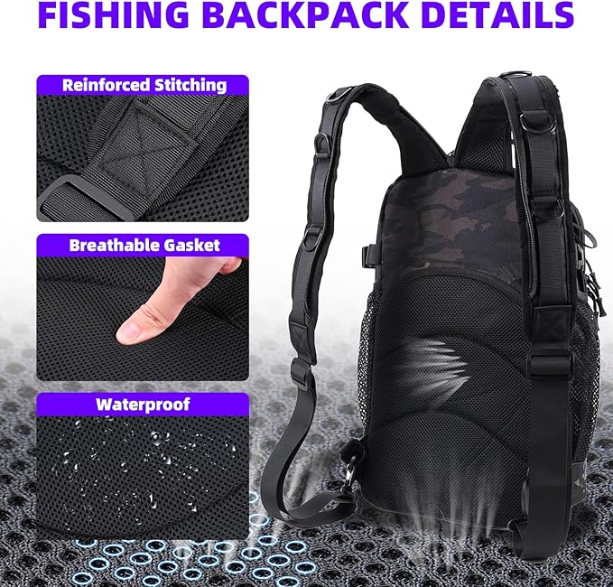 Jaylene 16.5Inch Fishing Backpack with Tackle Boxes, Fishing Backpack with Rod Holder, Waterproof Sling Tackle Bag For Gear With Lures, Pliers, Fish Lip Gripper Gifts for Men