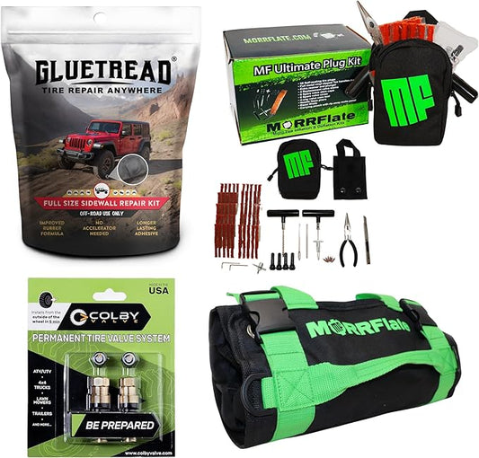 MORRFlate Xtreme 4×4 Tire Repair Kit Complete Off-Road Tire Repair Includes Tool Roll Bag, Tire Plug Kit, GlueTread Sidewall Tire Repair Kit, and Two Colby Valve Permanent Valve Stem Replacements