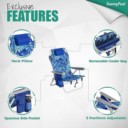 SUNNYFEEL Low Beach Chairs for Adults 5 Position Lay Flat, Portable Folding Backpack Beach Chair Heavy Duty with Cooler Bag, Cup Holder for Outdoor/Lawn/Picnic, Foldable Camping Chair