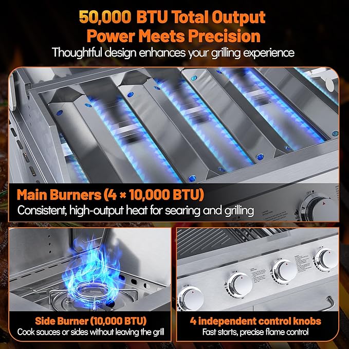 5-Burner Propane Gas Grill with Side Burner, 50,000 BTU, Stainless Steel 4+1 BBQ Grill, Porcelain-Enameled Cast Iron Grates,Locking Casters, Outdoor Grill for Patio & Backyard