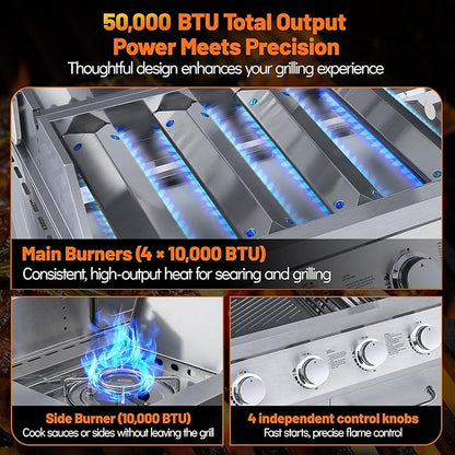 5-Burner Propane Gas Grill with Side Burner, 50,000 BTU, Stainless Steel 4+1 BBQ Grill, Porcelain-Enameled Cast Iron Grates,Locking Casters, Outdoor Grill for Patio & Backyard