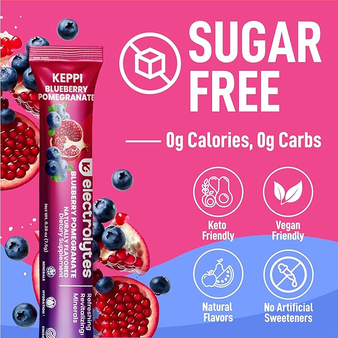 Keppi Electrolytes Powder Packets – Blueberry Pomegranate 30 Servings – No Sugar Hydration Supplement with Potassium, Magnesium, Sodium – Keto, Vegan, Fasting-Friendly, Zero Calorie Hydration Packets