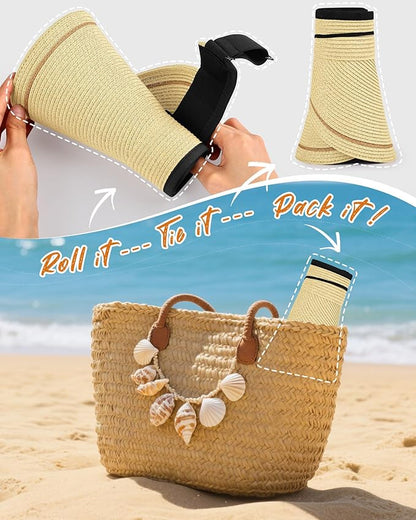 Sun Visor Hat for Women,Wide Brim Beach Hat UV Protection, Packable Straw Sun Visor Hat for Vacation,Summer