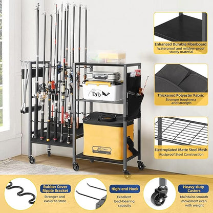 Olakee Fishing Rod Holder, Fishing Pole Holders for Garage Boat Home Entryway Fishing Gear Storage with Tackle Cart Ideal Gift for Men Dad Anglers Corner Design for Rods and Equipment Organizers
