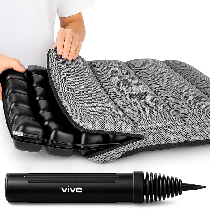 Vive Inflatable Wheelchair Air Seat Cushion - Adjustable Air Pressure Relief Travel Seat, Portable - Waffle Style Pressure Relief Bed Sore Ulcer Treatment Wheel Chair Pain Cushion for Mobility Aids
