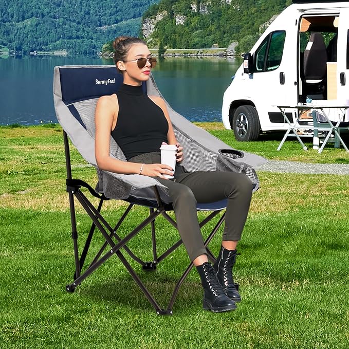SUNNYFEEL 2 Pack Lightweight Oversized Camping Chairs for Adults Portable Folding Chair with Side Pockets & Cup Holde for Beach,Fishing,Trip,Picnic,Lawn,Concert Outdoor, Carry Bag Included