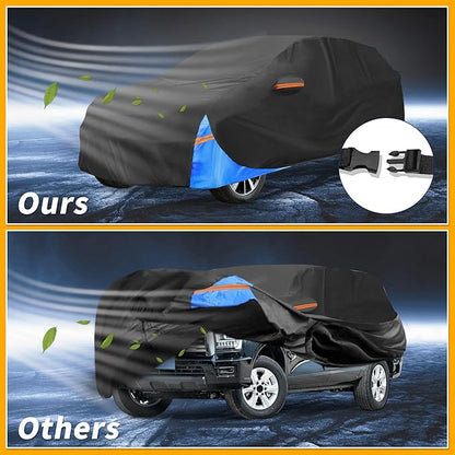 Waterproof All-Weather Universal Car Cover with Right Side Zipper, 210D-PU Black Blue Fits for SUV 190" to 200" Length