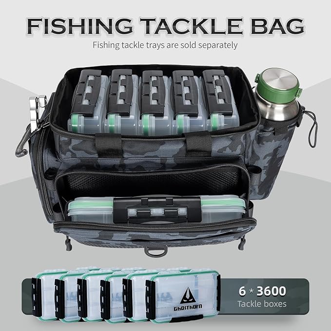 Ghosthorn Fishing Tackle Bag with Rod Holder Saltwater & Freshwater Resistant Tackle Box Bag - Waterproof Base, Adjustable Padded Shoulder Strap (Black Camouflage)