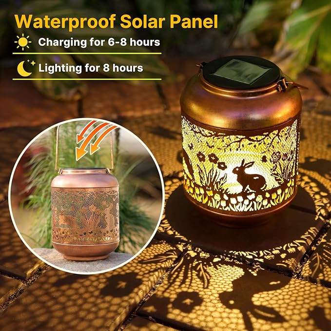 Rabbit Solar Lanterns Outdoor Waterproof-Hanging Solar Lights Bunny Gifts for Women Mom Grandma Metal Decorative LED Lantern Outside for Garden Decor,Yard,Patio,Lawn,Porch,Backyard,Pathway