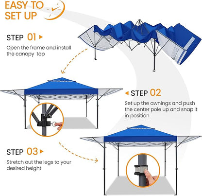 Yaheetech 10x17ft Pop Up Canopy with Awnings, Outdoor Canopy Tent, Heavy Duty Instant Beach Sun Shelter with Adjustable Dual Half Awnings & Wheeled Carry Bag, 4 Sandbags, One-Handed Set-up, Blue