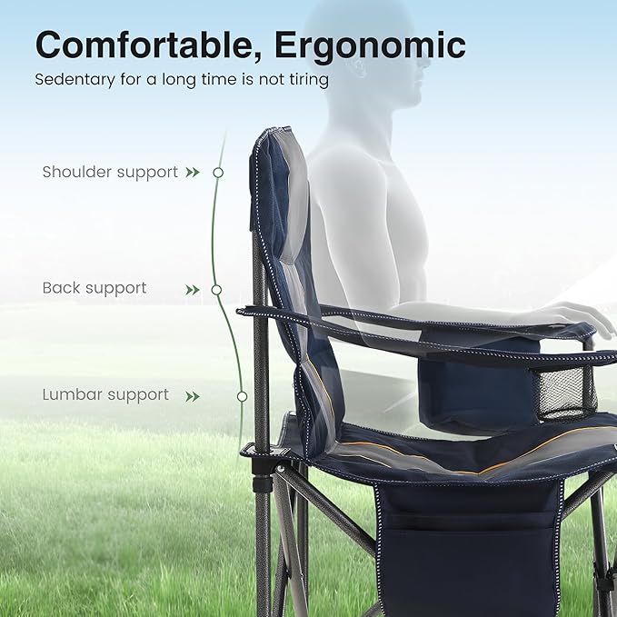 HIGH POINT SPORTS Oversized Portable Camping Folding Chair, Heavy Duty Portable Lawn Chairs, Folding Chairs for Outside with Cup Holder and Cooler Bag for Camp, Travel, Support 450 LBS, 2 Pack,Blue