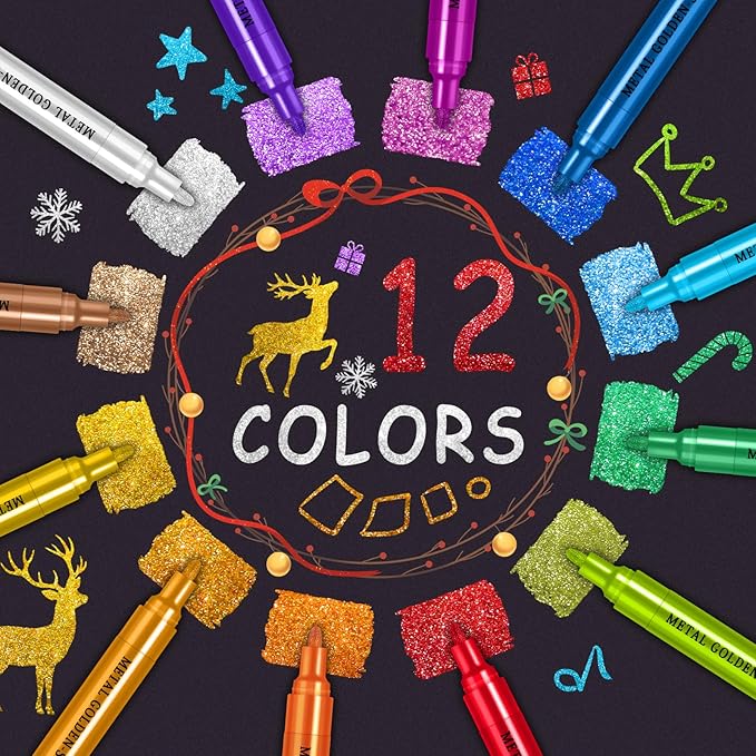 Betem Super Golden Metallic Paint Markers, 12 Colors Metallic Paint Pen Scrapbook Supplies, 2-3mm Medium Tips Glitter Markers for Black Paper, Rock Painting, Ceramic, Wood, Christmas Gifts DIY Crafts