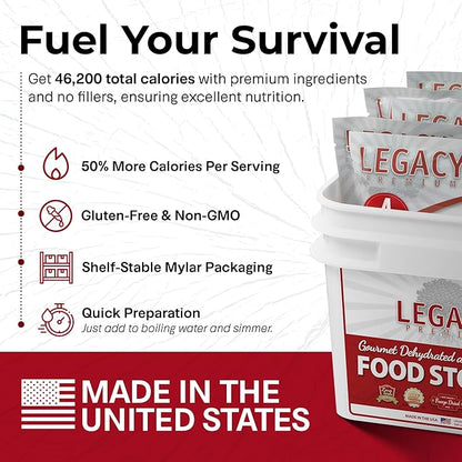 Legacy Food Storage Gluten Free 120 Serving Bucket, Emergency Food Supply, 46,200 Total Calories, 120 Large Servings, Shelf Stable Lunch & Dinner Entrees, Freeze Dried Survival Meals for MRE Camping, Hiking, & Backpacking