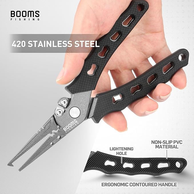 Booms Fishing F07 Pliers Hook Remover, Split Ring Pliers Stainless Steel, Saltwater Tools With Lanyard and Sheath, Gift for Men
