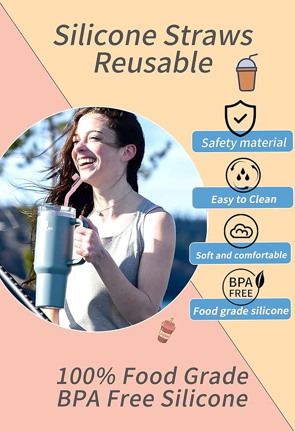 Doboli Replacement 13 inch Long Silicone Straw With Straw Cover,Compatible with Stanley Owala 40 oz 30 oz Cup Tumbler, 6 Pack Reusable Bent Straw with Cleaning Brush,for Stanley Tumbler Accessorie