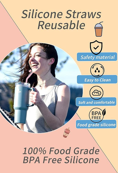 Doboli 12 Pack Replacement 12&13 inch Long Silicone Straw With Straw Cover,Compatible with Stanley 40 oz 30 oz Cup Tumbler, Reusable Straws with Cleaning Brush,for Stanley Tumbler Accessorie