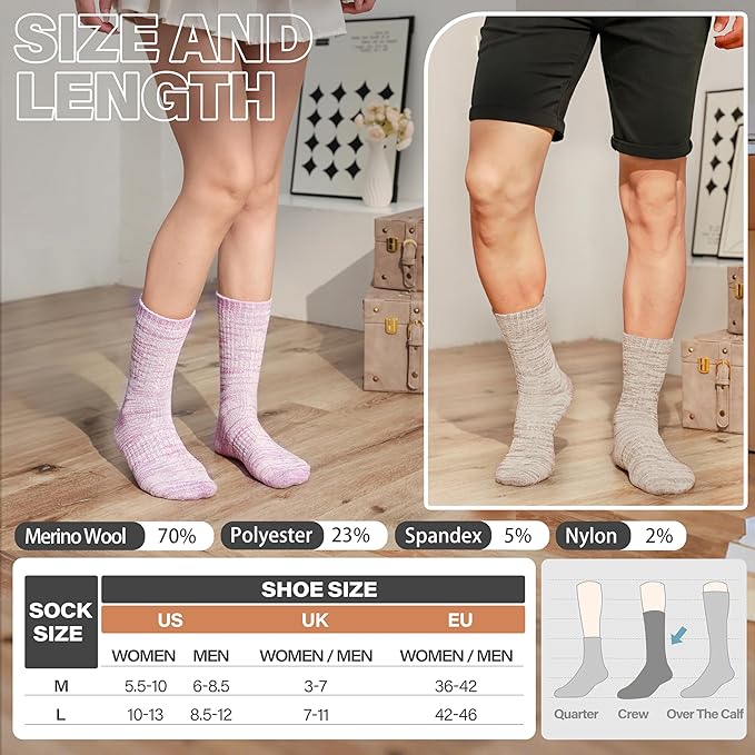 Anlisim Merino Wool Warm Boot Hiking Socks Thermal Extra Thick Winter Cozy Crew Comfy Cushioning Work Women Men Socks 4 Pairs