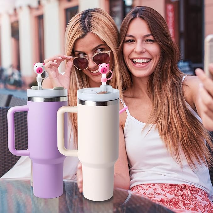 8 silicone straw lids and mug covers for Stanley Cup 30-40 oz. with handle straw cups, 10mm straw lids, dust-proof reusable straw cup lid accessories (4 colors, bear pattern design)