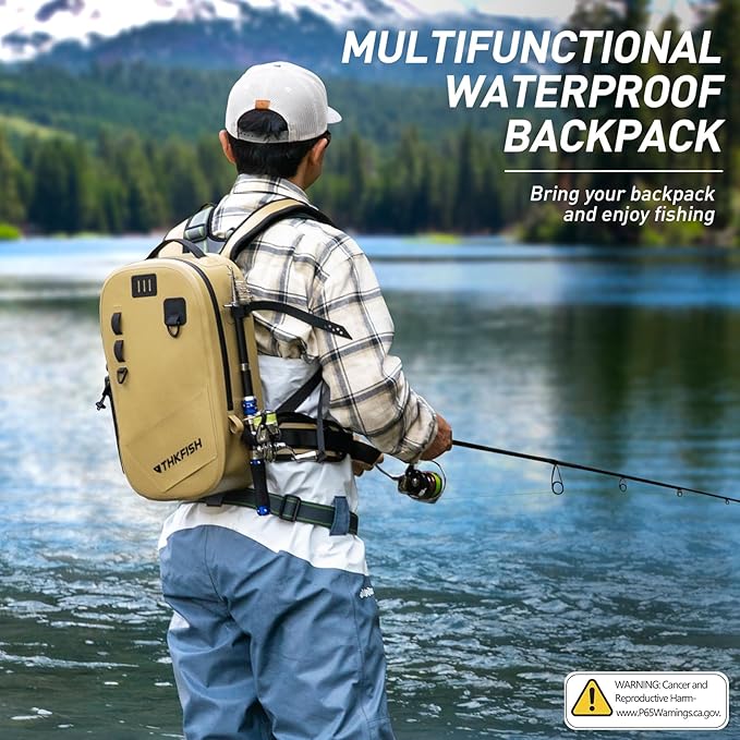 THKFISH IPX8 Waterproof Fishing Backpack with Rod Holder, Lightweight Fishing Sling Bag, Move Freely Fish Gifts for Men