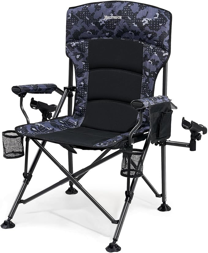 X Strike Oversized Folding Fishing Chair with Rod Holder Heavy Duty 350LBS, Feet Adjustable Padded Camping Chair with Cup Holder Side Pocket Hard Armrest