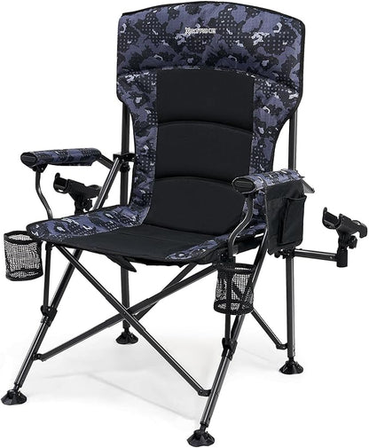 X Strike Oversized Folding Fishing Chair with Rod Holder Heavy Duty 350LBS, Feet Adjustable Padded Camping Chair with Cup Holder Side Pocket Hard Armrest