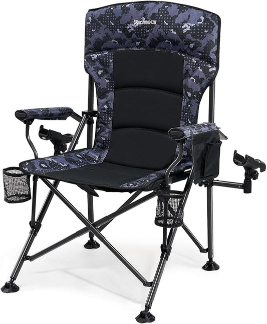 X Strike Oversized Folding Fishing Chair with Rod Holder Heavy Duty 350LBS, Feet Adjustable Padded Camping Chair with Cup Holder Side Pocket Hard Armrest