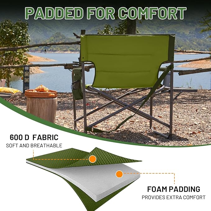 Timber Ridge XXL Director’s Chair – Heavy Duty Folding Chair with Side Table, 500 lb Capacity, Extra Wide Padded Seat for Camping, Sports, Beach, Patio, and Outdoor Use, Green