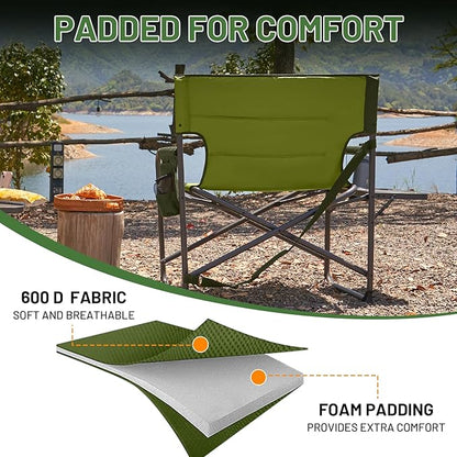 TIMBER RIDGE XXL Director’s Chair – Heavy Duty Folding Chair with Side Table, 500 lb Capacity, Extra Wide Padded Seat for Camping, Sports, Beach, Patio, and Outdoor Use, Green-2 Pack