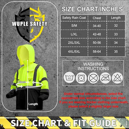 Safety Rain Jacket for Men Waterproof，Class 3 Hi Vis Rain Gear with Collapsible Hood， Breathable Rain Suits with Inner Mesh Lining and pocket，Reflective Waterproof Pants L/XL
