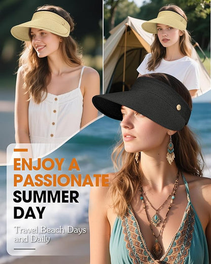 Sun Visor Hat for Women,Wide Brim Beach Hat UV Protection, Packable Straw Sun Visor Hat for Vacation,Summer