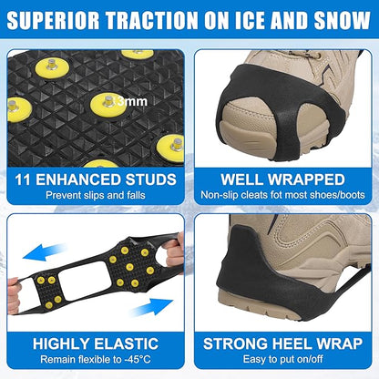 Ice Cleats Snow Traction Crampons for Shoes and Boots,11-Stud Ice Cleats Walking Traction Grips Anti-Slip Ice Snow Grippers Over Shoe for Women Men Walking on Snow and Ice