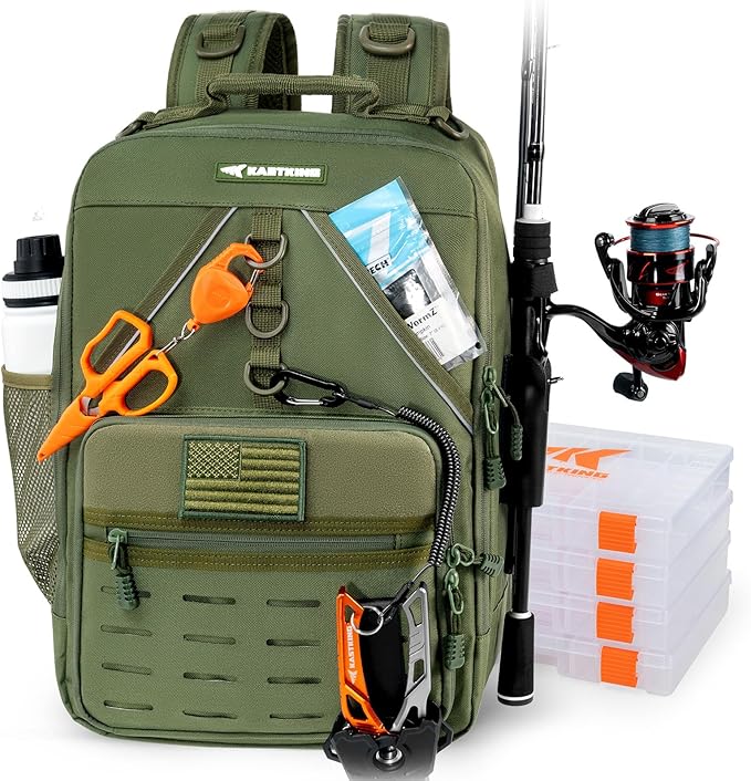 KastKing KarryAll Fishing Tackle Backpack with Rod Holder 4 Tackle Boxes,40/26L Tackle Bag Storage Fishing Gear and Equipment