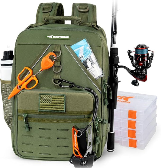 KastKing KarryAll Fishing Tackle Backpack with Rod Holder 4 Tackle Boxes,40/26L Tackle Bag Storage Fishing Gear and Equipment