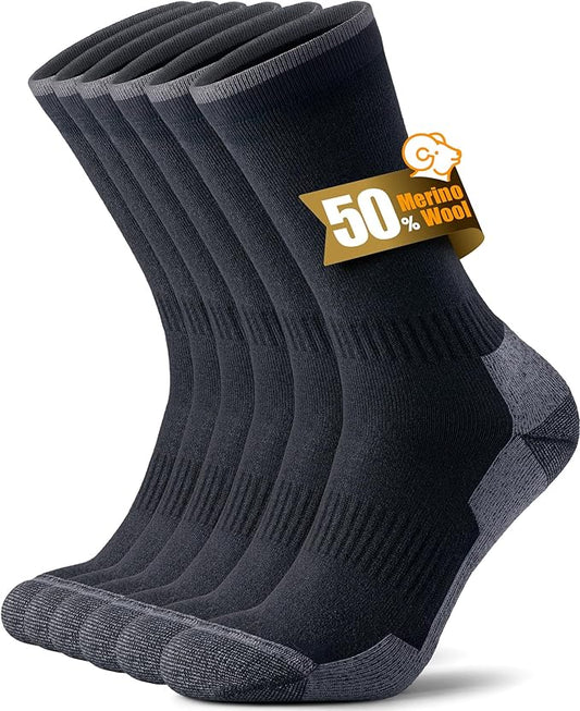 Merino Wool Hiking Crew Socks for Men Women, Thermal Warm Boot Sock Cushioned Anti-Blister, Breathable - 3 Pairs