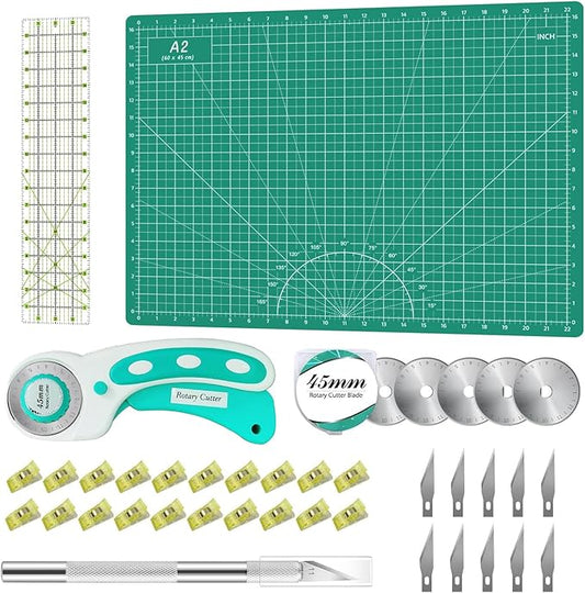 Rotary Cutter Set Green - Quilting Kit incl. 45mm Fabric Cutter, 5 Replacement Blades, A2 Cutting Mat, Acrylic Quilting Ruler, Sewing Clips, Craft Knife Set, Ideal for Crafting, Sewing, Patchworking