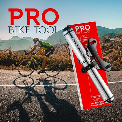 PRO Bike Tool Mini Bike Pump Premium Edition - Fits Presta and Schrader valves - High Pressure PSI - Bicycle Tyre Pump for Road and Mountain Bikes