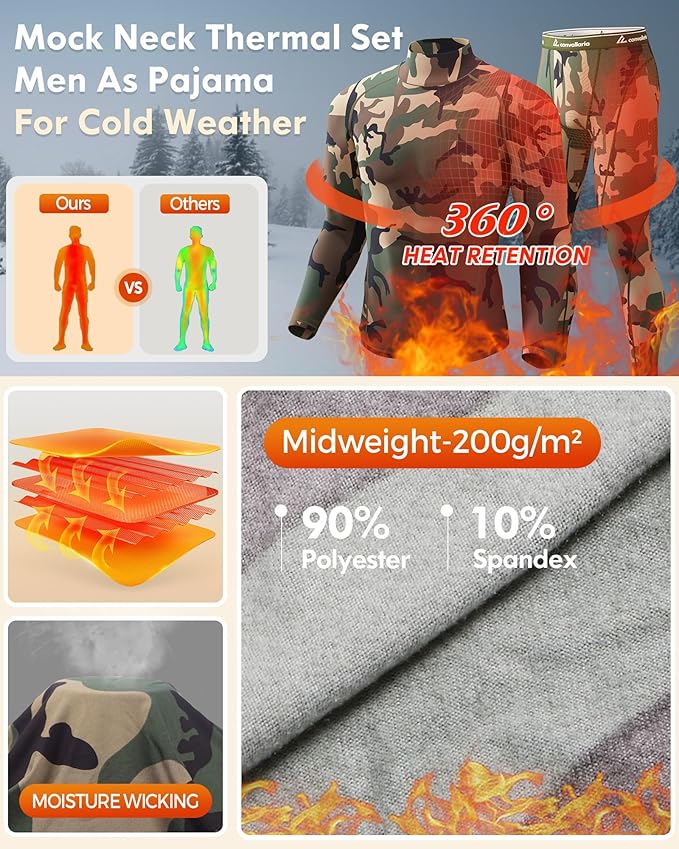 CL convallaria Thermal Underwear for Men Long Johns Fleece Lined Hunting Gear Set Base Layer for Cold Weather XS-4XL